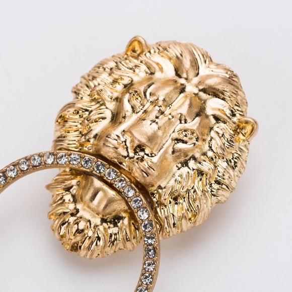 Lion Head Door Knocker Rhinestone Gold Earrings - Picture 8 of 8